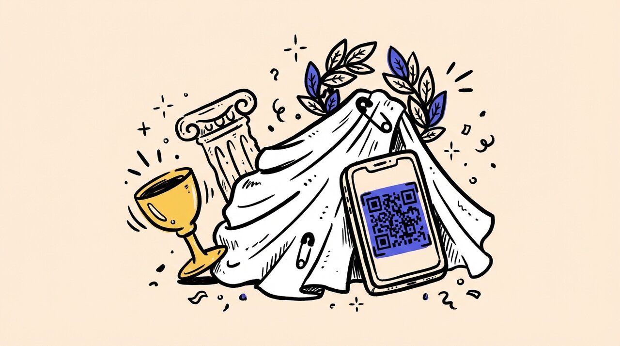 Doodle of toga party props: draped sheet with laurel crown, gold goblet, column, and phone with QR code