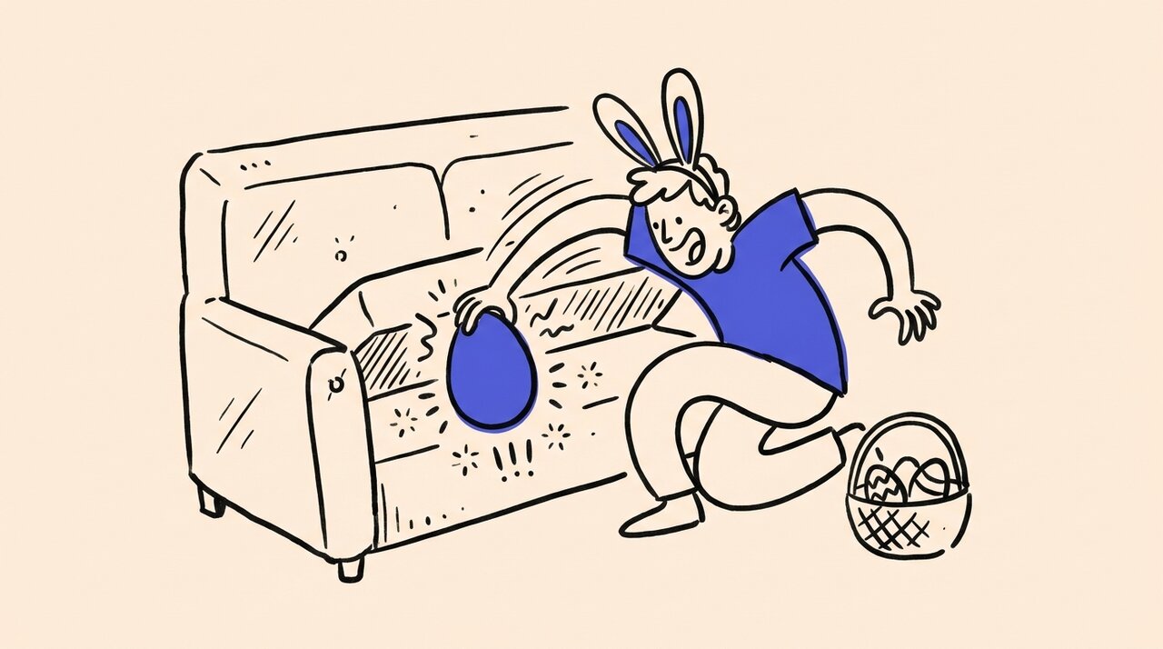 Hand-drawn doodle of a character in bunny ears finding an Easter egg under a couch cushion with a basket nearby