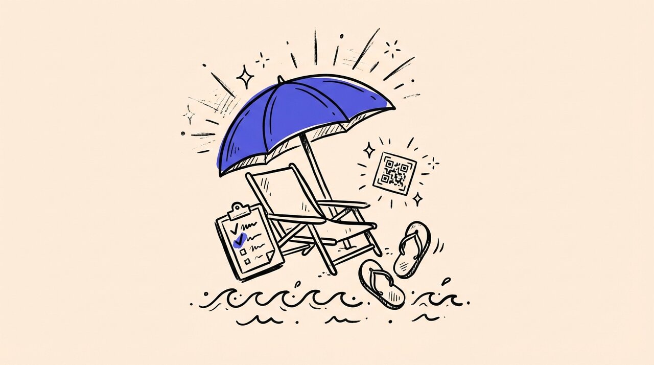 Hand-drawn doodle of beach chair, umbrella, checklist, flip-flops, and QR code for a shore week