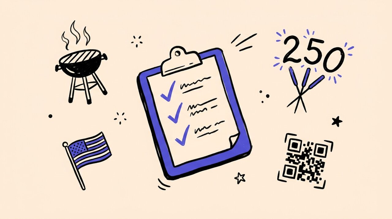 Hand-drawn doodle of a checklist clipboard surrounded by a grill, sparklers spelling 250, an American flag, and a QR code