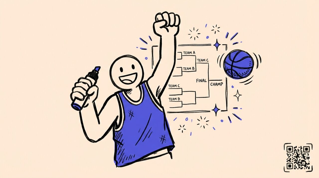 Doodle of a figure in a jersey celebrating next to a bracket board with a basketball and QR code
