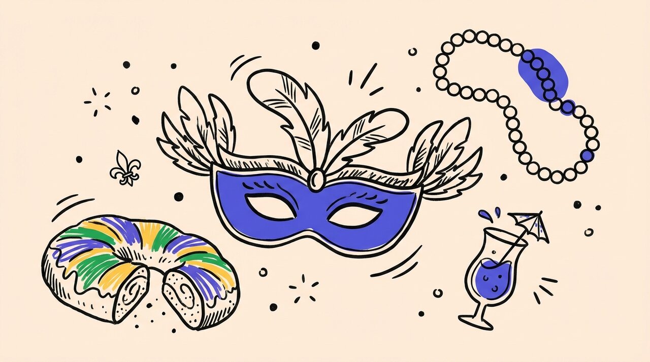 Hand-drawn doodle of Mardi Gras party props: a feathered mask, king cake slice, beads, and hurricane cocktail