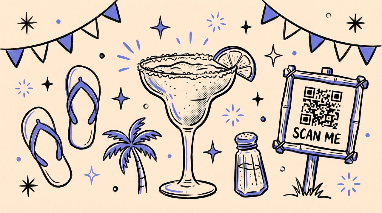 Hand-drawn doodle of a frozen margarita glass with salted rim, flip-flops, palm tree, salt shaker, and a tiki QR code sign with pennant bunting