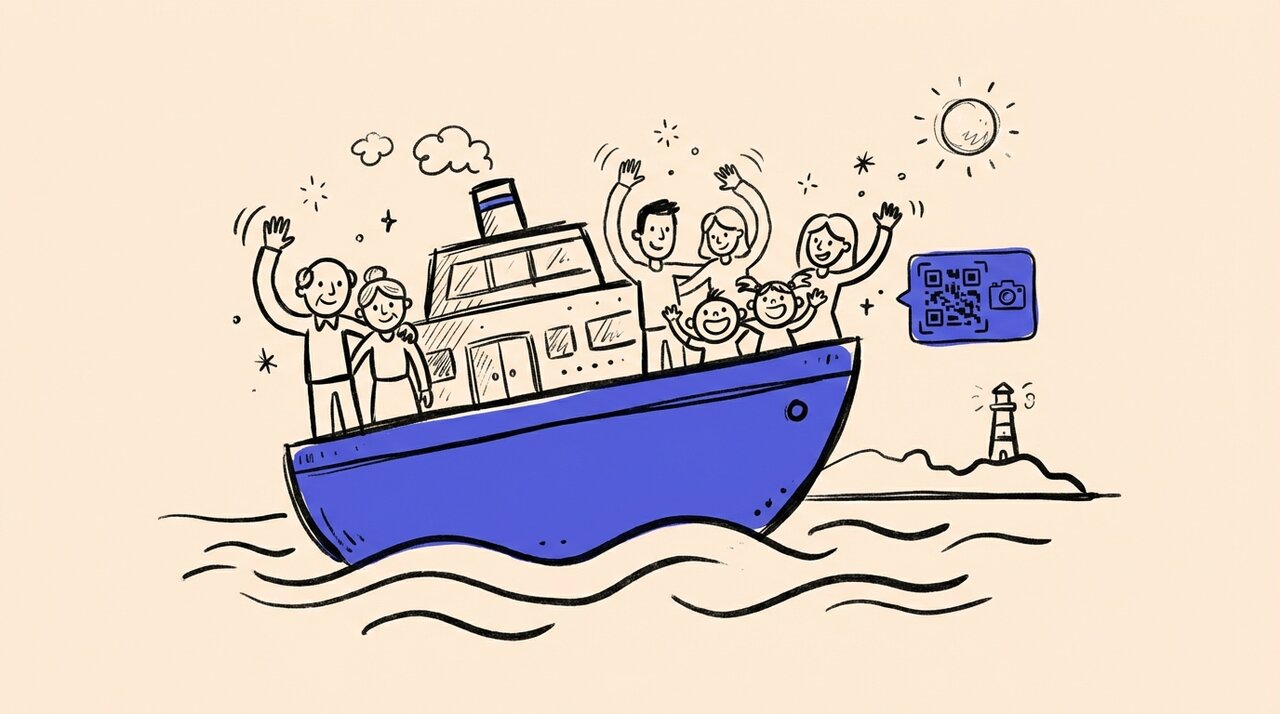 Doodle of a ferry carrying a multi-generational family group with a QR code card and island lighthouse