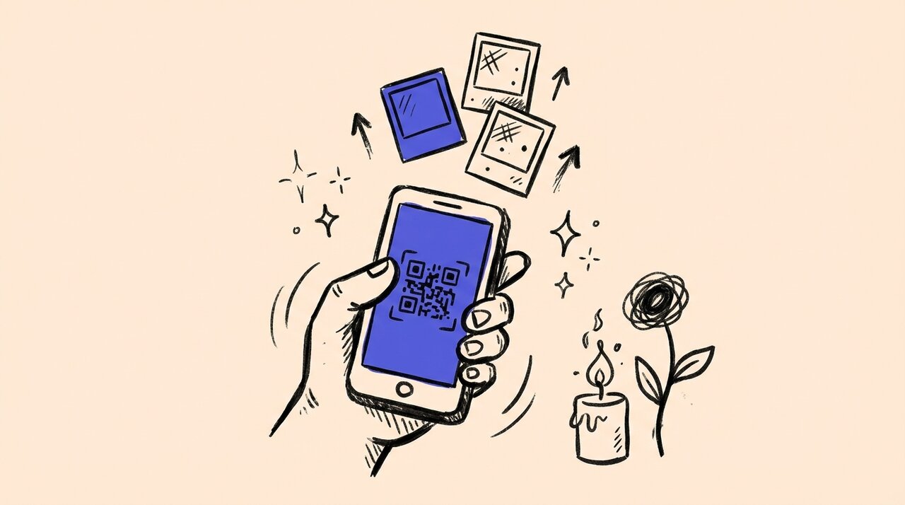 Hand-drawn doodle of a hand holding a phone with a QR code, photo frames floating upward, candle and flower