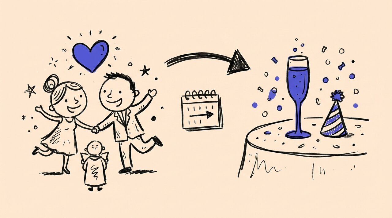Doodle of a couple at an intimate ceremony with a heart, arrow pointing to a festive party table with champagne