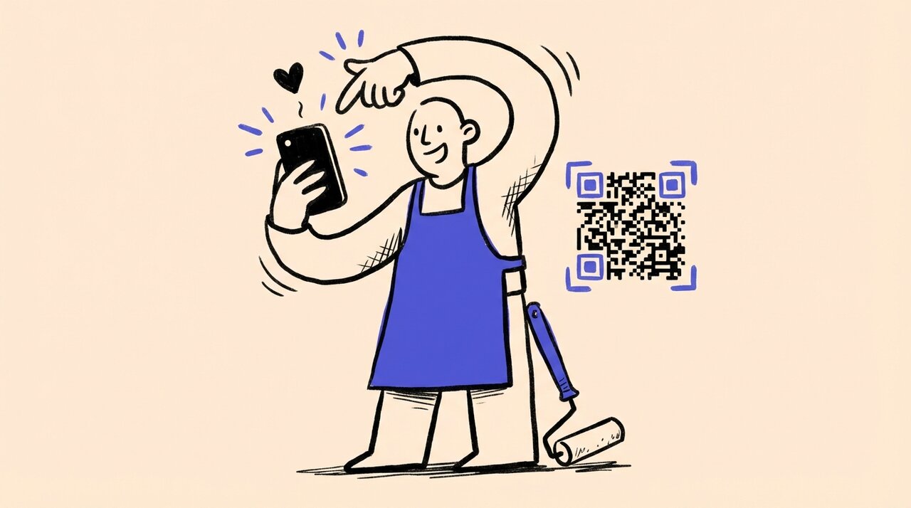 Doodle of a volunteer in a blue apron holding up a phone with spark marks, a QR code, and a paint roller