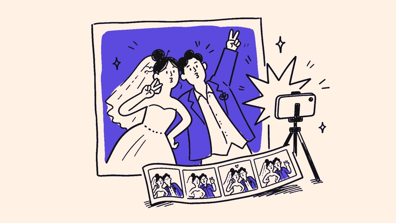 Hand-drawn doodle of newlyweds posing for a phone camera with direct flash and a curling four-frame contact sheet