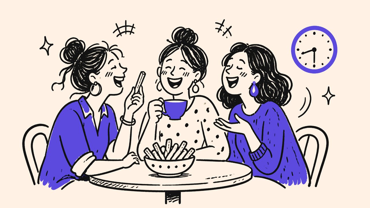 Hand-drawn doodle of three mom friends laughing over fries and tea at a cafe table beside a clock
