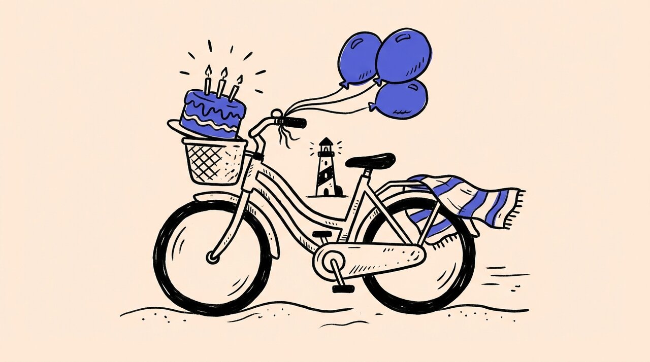 Doodle of a bicycle with a birthday cake in the basket and balloons tied to the handlebars near a lighthouse
