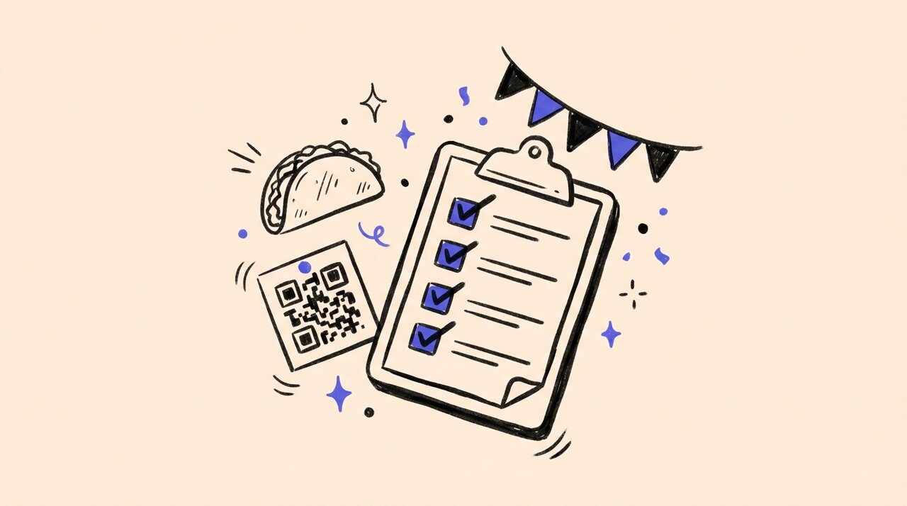 Hand-drawn doodle of block party essentials: clipboard checklist, party pennants, taco, and QR code card