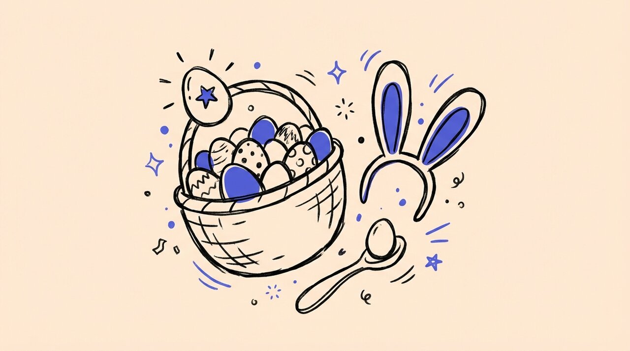 Hand-drawn doodle of an Easter basket with eggs, bunny ears, and a spoon race prop