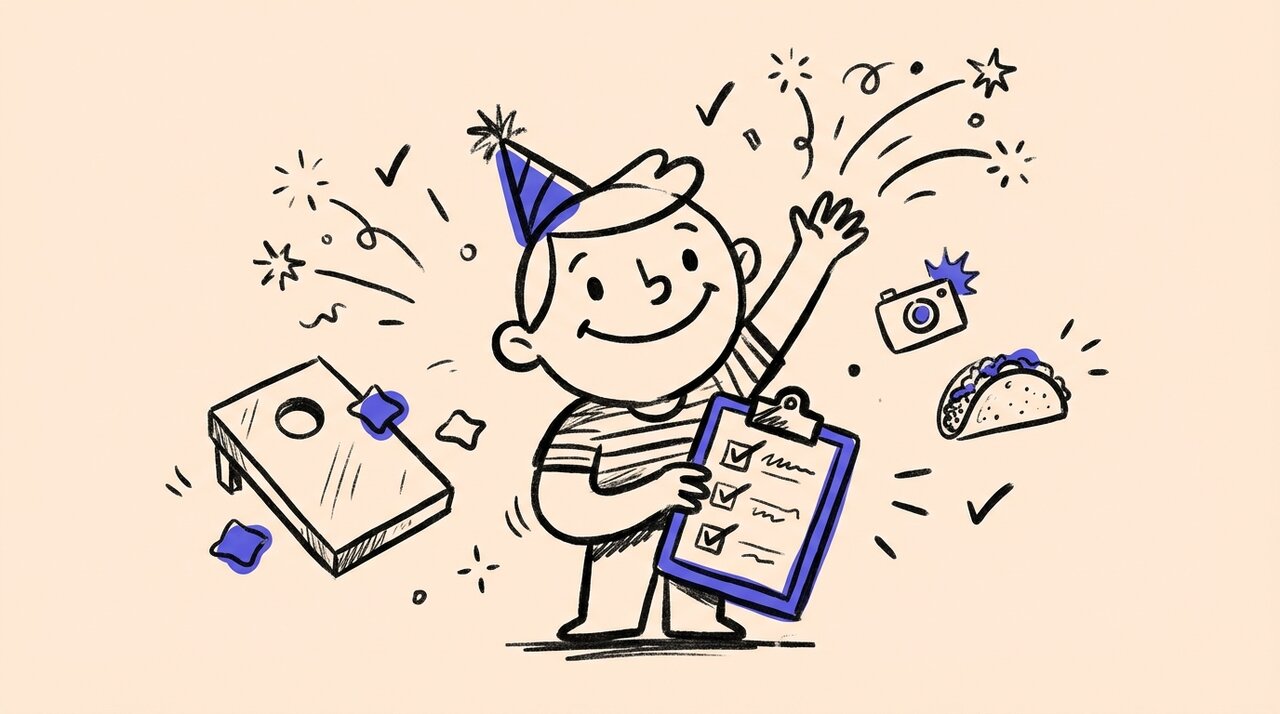 Hand-drawn doodle of a cheerful figure holding a clipboard and wearing a party hat, with a cornhole board, camera, and taco nearby