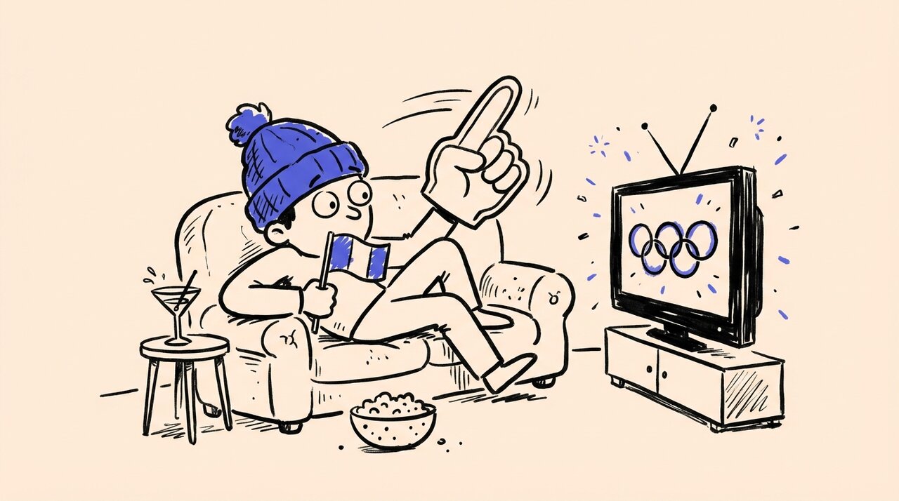 Hand-drawn doodle of a person on a couch with a foam finger and flag watching the Olympic rings on TV