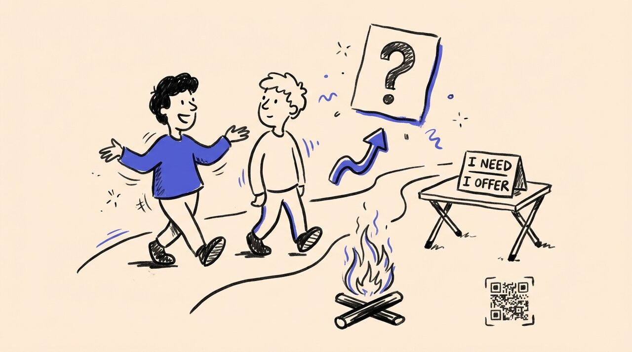 Hand-drawn doodle of two figures walking side-by-side with a campfire, networking table, and QR code nearby