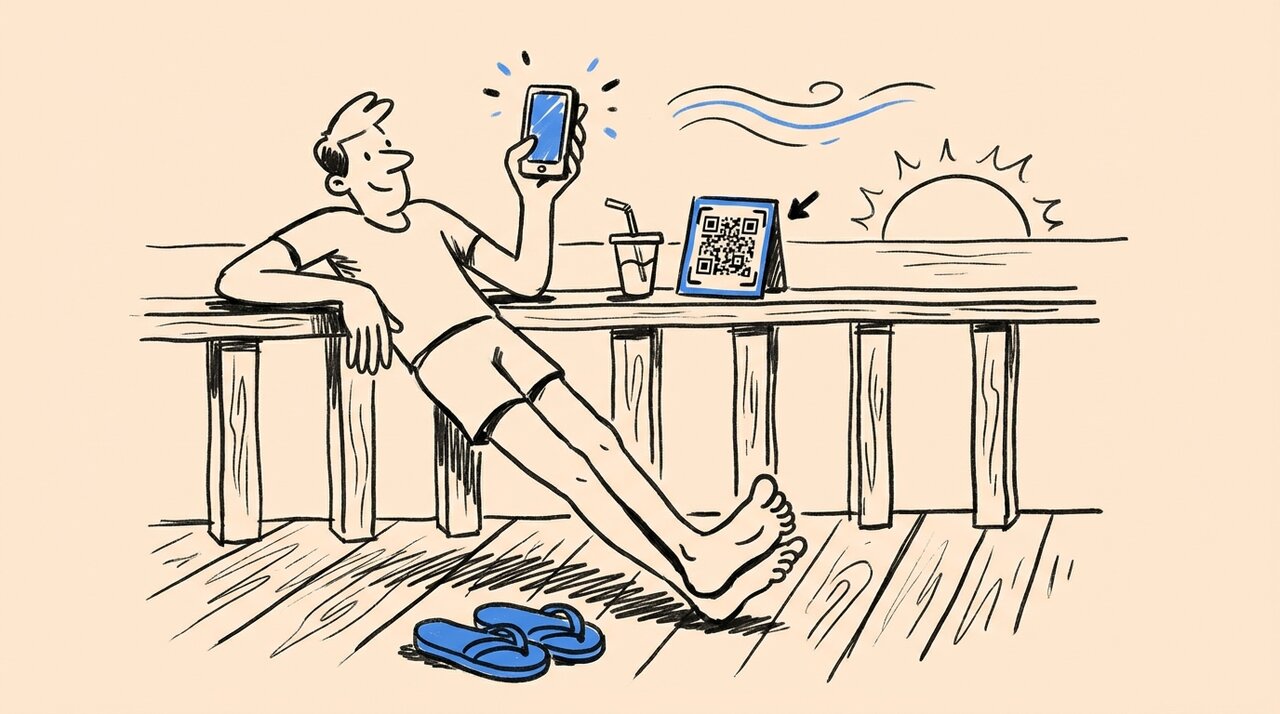 Hand-drawn doodle of a person relaxing on a beach house deck holding a phone, with a QR code card and flip-flops