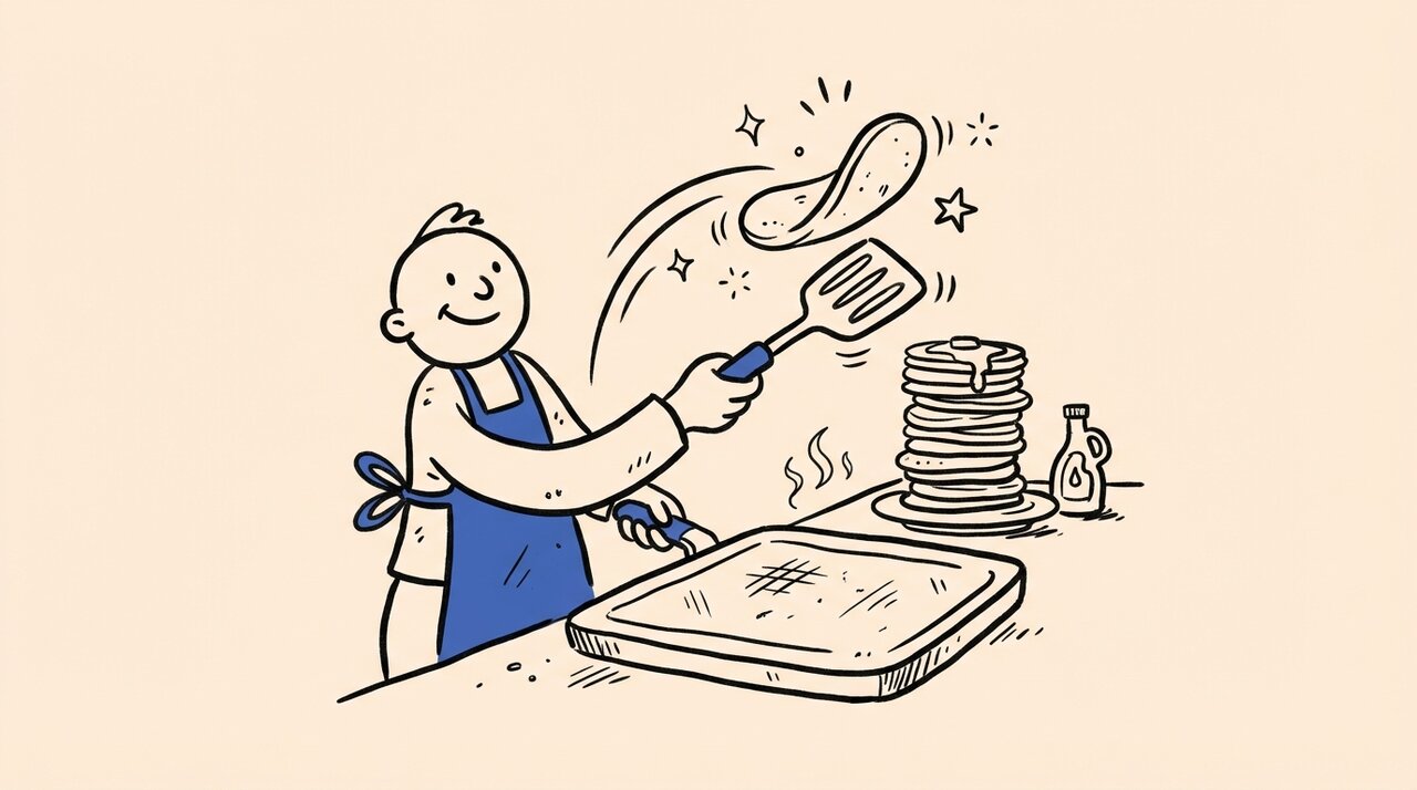 Hand-drawn doodle of a figure in a blue apron flipping a pancake at a griddle with a stack of pancakes and syrup bottle