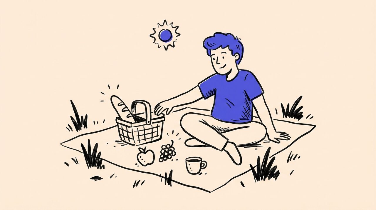 Hand-drawn doodle of a person sitting on a picnic blanket with a basket, fruit, and a cup under a small sun