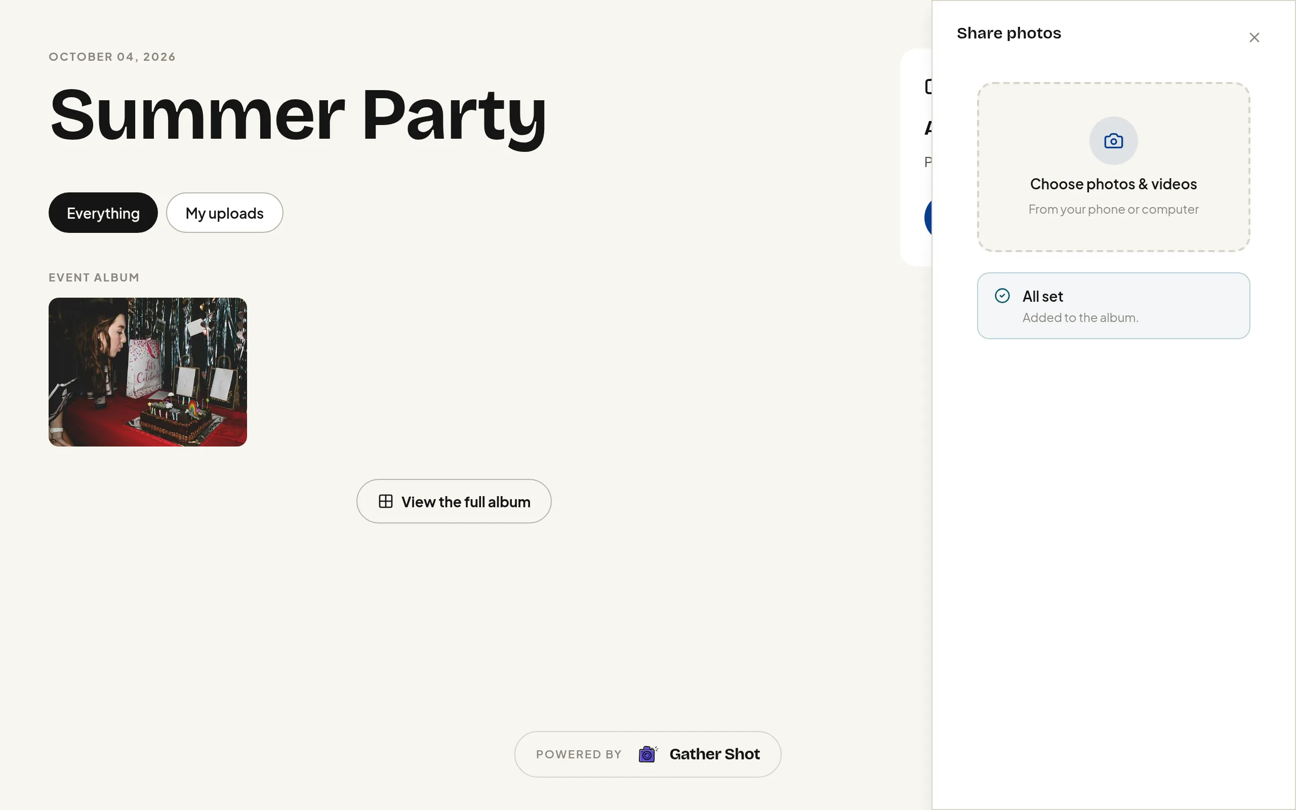 Gather Shot guest browser showing All set after a photo upload