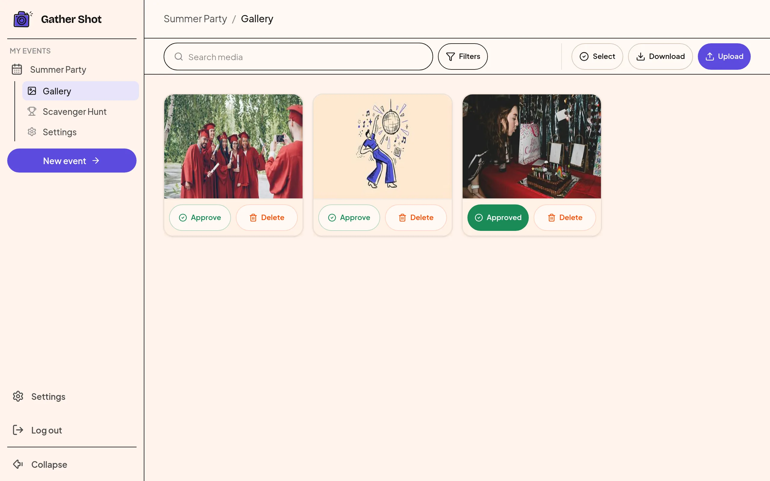 Gather Shot host gallery with pending photos, Approve buttons, and an approved photo