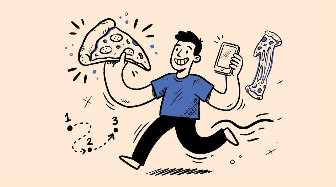 Hand-drawn doodle of a person walking with a pizza slice and phone, with a route map and cheese-pull slice