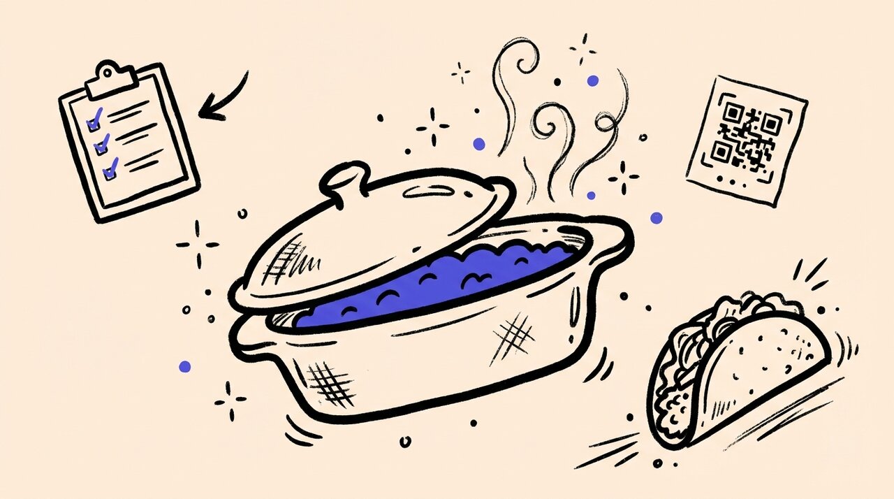 Hand-drawn doodle of potluck party props: casserole dish, clipboard checklist, taco, and QR code card