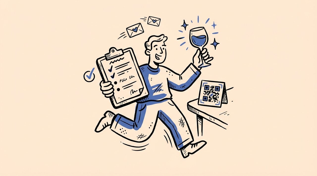 Hand-drawn doodle of a figure holding a clipboard and wine glass with envelopes, a QR code card, and sparkle marks