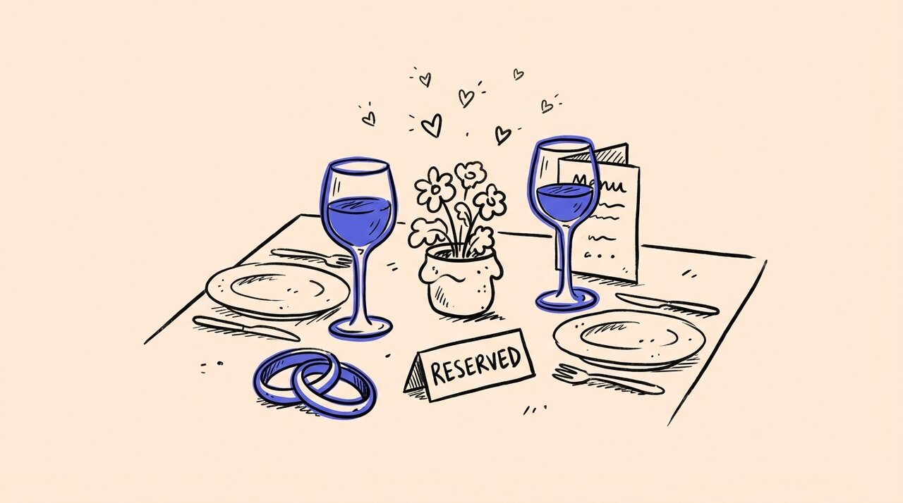 Doodle of a restaurant table set for a wedding with wine glasses, rings, and a reserved sign