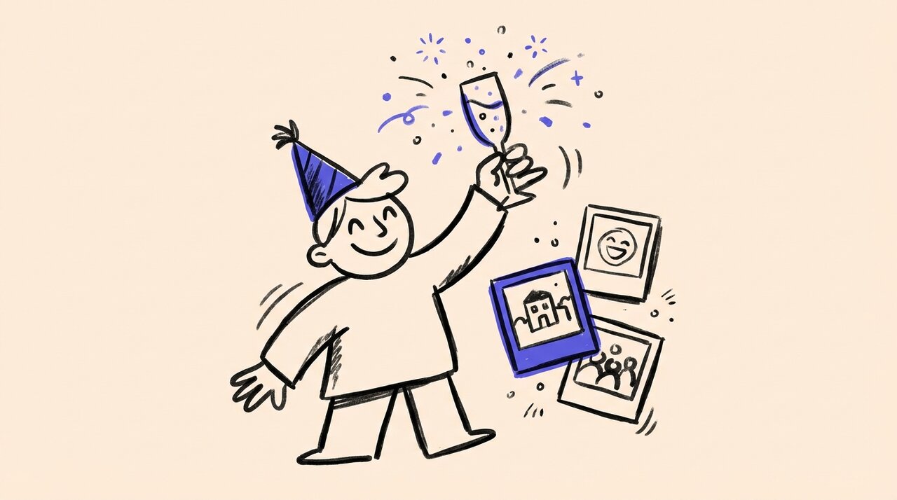 Hand-drawn doodle of a figure in a party hat raising a champagne glass with floating photo frames and confetti