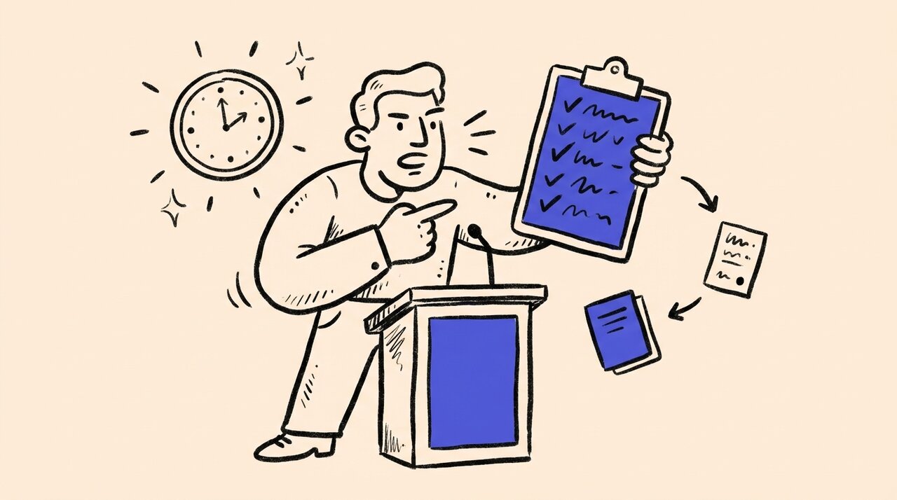Hand-drawn doodle of a figure at a podium holding a clipboard with checkmarks, floating clock, and agenda cards