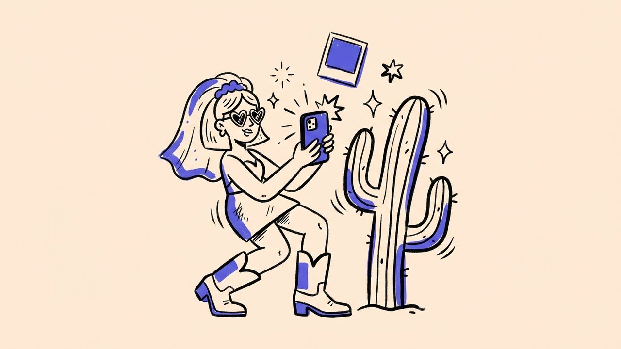 Hand-drawn doodle of a bachelorette taking a selfie beside a tall saguaro cactus