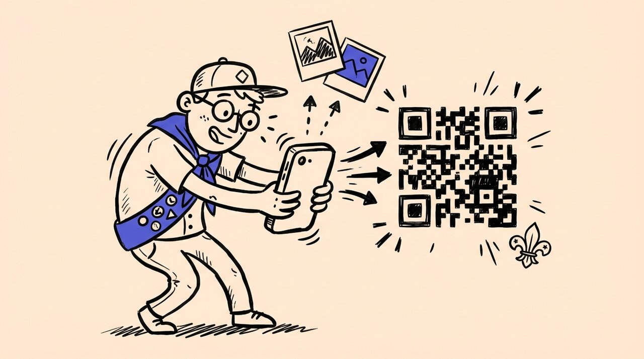 Hand-drawn doodle of a Scout holding a phone toward a QR code with photo frames floating upward