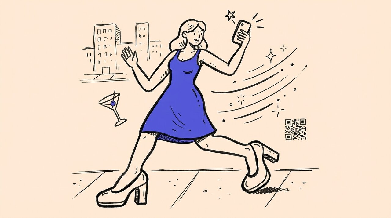 Doodle of a woman mid-stride holding a phone, with a cocktail glass, sparkle marks, and a QR code