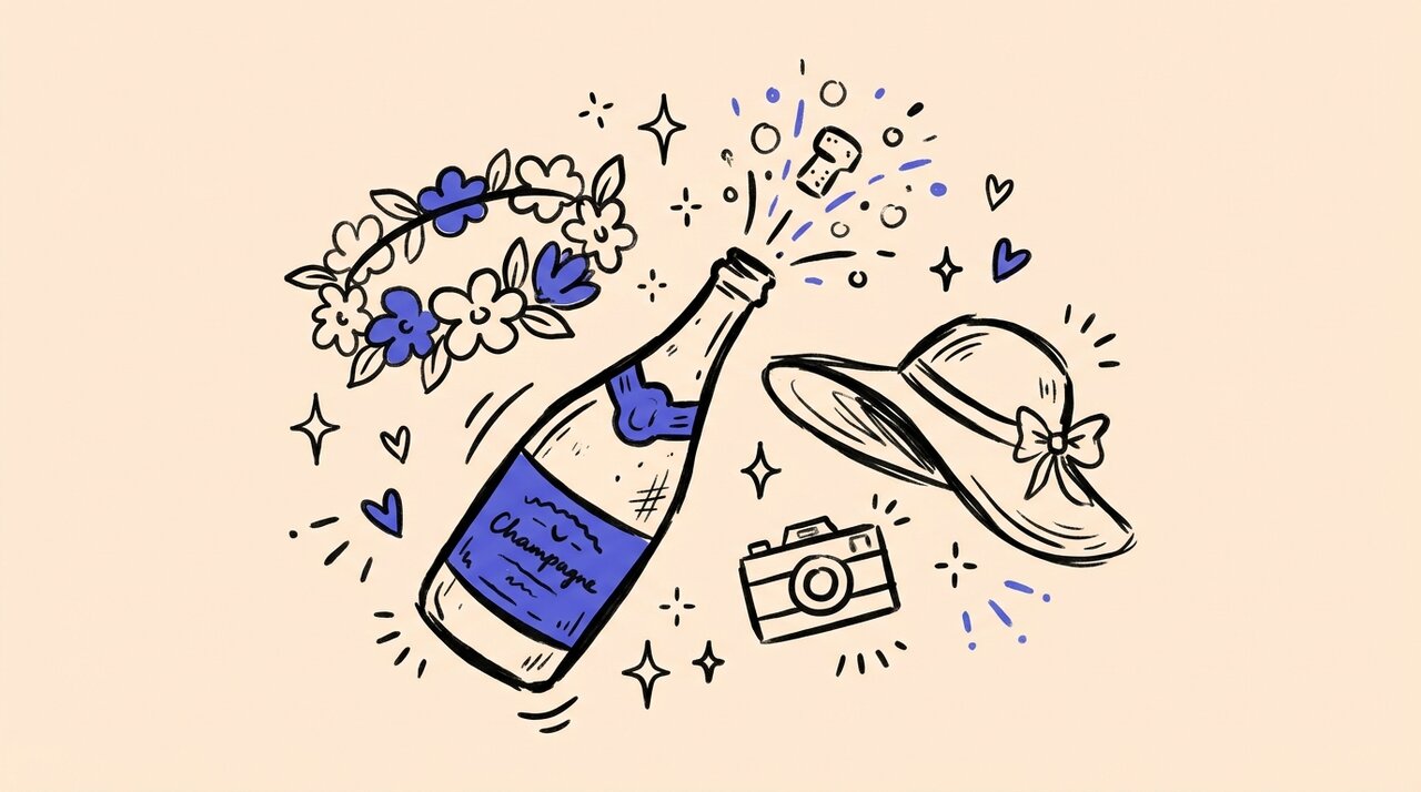 Hand-drawn doodle of bachelorette party props: champagne bottle, flower crown, sun hat, and camera with sparkle marks