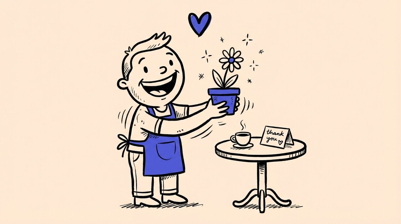 Doodle of a smiling host holding a potted flower beside a patio table with coffee and a thank-you card