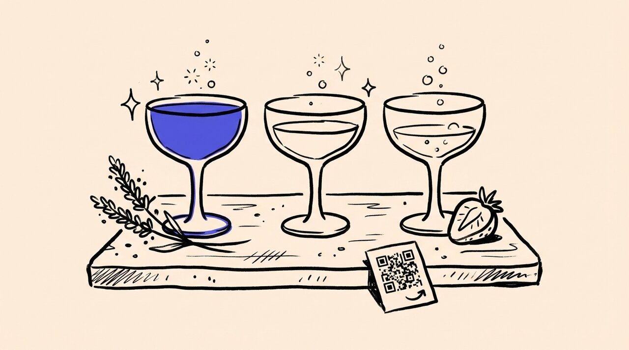 Hand-drawn doodle of three coupe glasses on a wooden tasting board with lavender, strawberry, and a QR code card