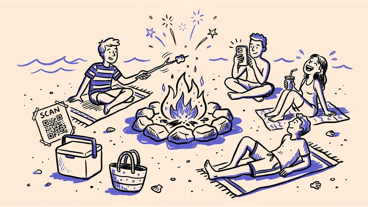 Hand-drawn friends around a sandy beach bonfire with waves, shells, and a QR code cooler sign
