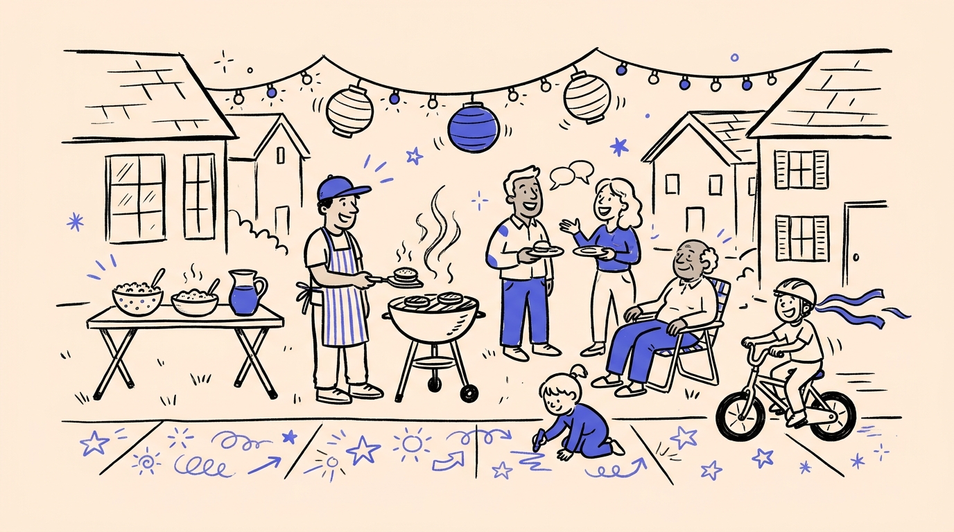 Hand-drawn doodle of neighbors BBQing on a street between houses with sidewalk chalk, fairy lights, and a kid on a bike
