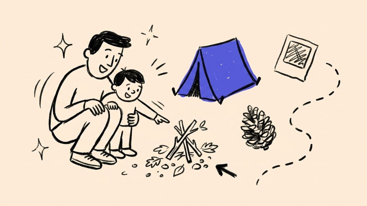 Hand-drawn doodle of a parent and child building a tiny campsite with a blue tent, pinecone, and trail