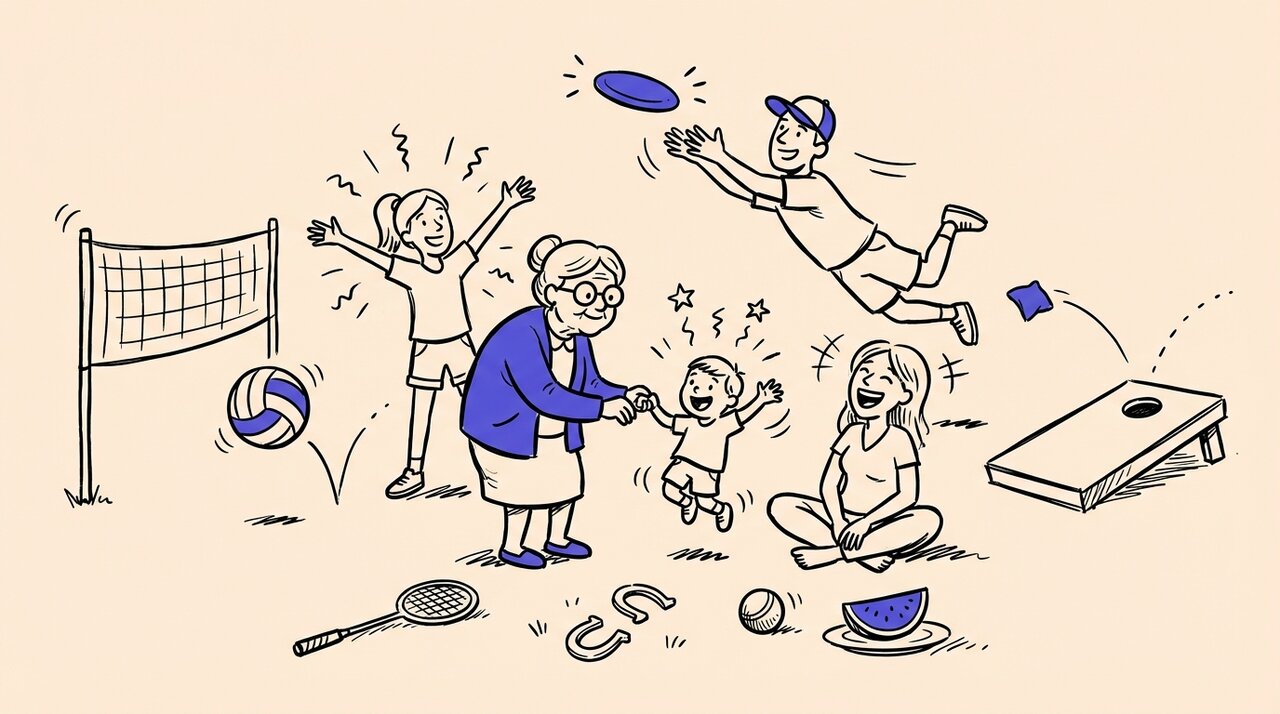 Doodle of a multigenerational family laughing together surrounded by lawn games like volleyball, cornhole, and frisbee