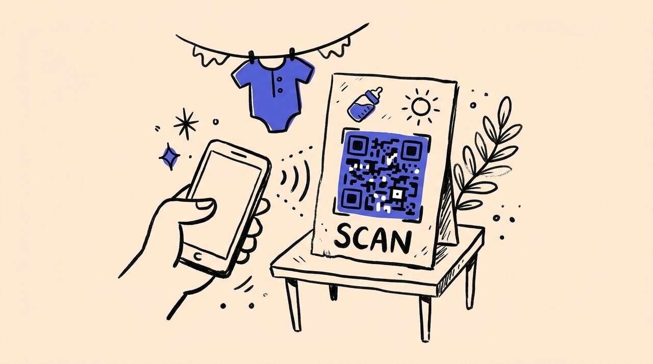 Hand-drawn doodle of a guest scanning a baby shower welcome-table QR code sign with a smartphone, with a tiny onesie banner, baby bottle, and sparkle marks