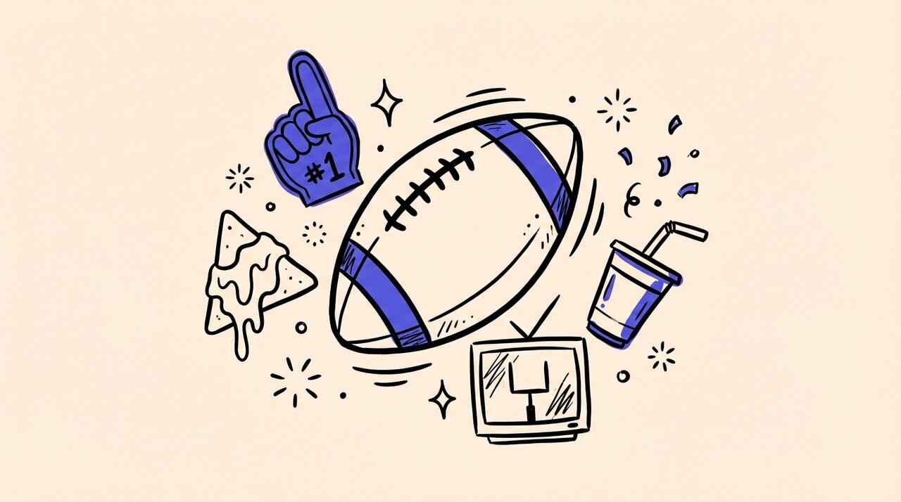 Hand-drawn doodle of Super Bowl party props: football, foam finger, nacho chip, TV, and party cup with confetti marks