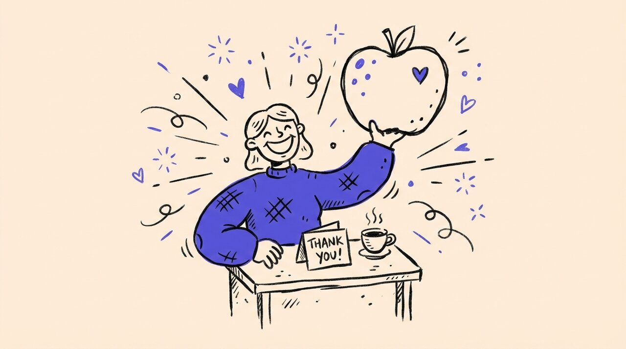 Hand-drawn doodle of a cheerful teacher holding an oversized apple with a heart, thank-you card and coffee cup on a table