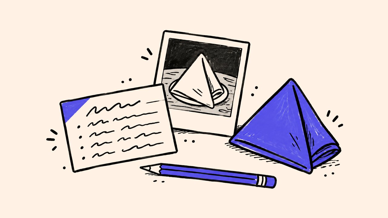 Marker drawing of a recipe note, an old napkin snapshot, a matching folded napkin, and a pencil