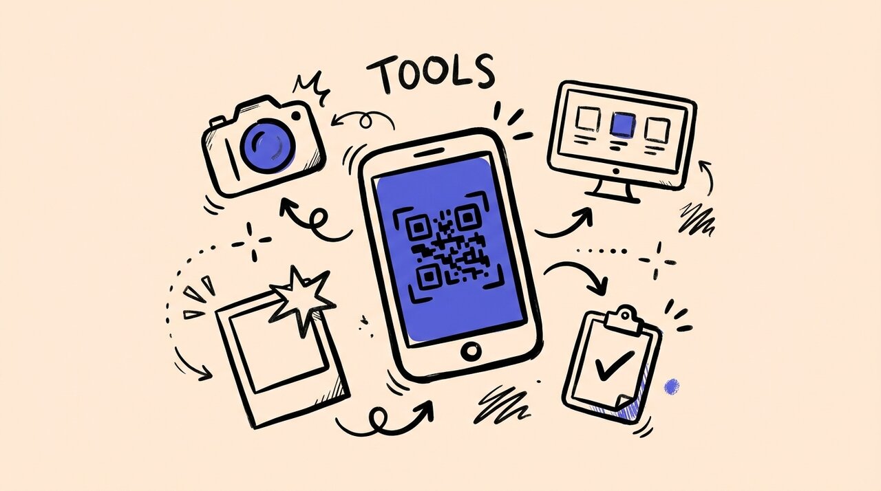 Hand-drawn doodle of event tools: phone with QR code, camera, display screen, photo booth frame, and clipboard
