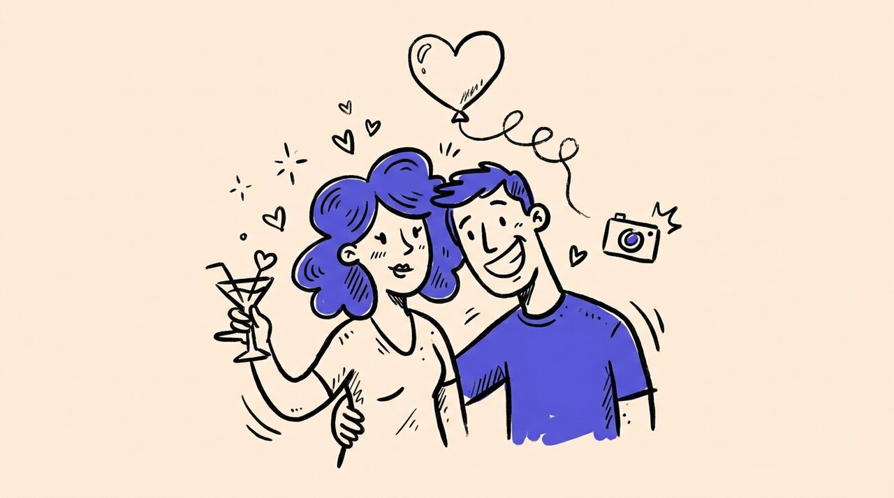Doodle of a couple posing with a cocktail glass and heart balloon, surrounded by sparkle marks
