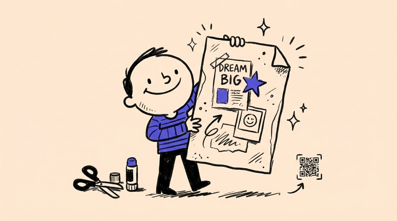 Hand-drawn doodle of a figure holding up a vision board with collage scraps, scissors, and a QR code