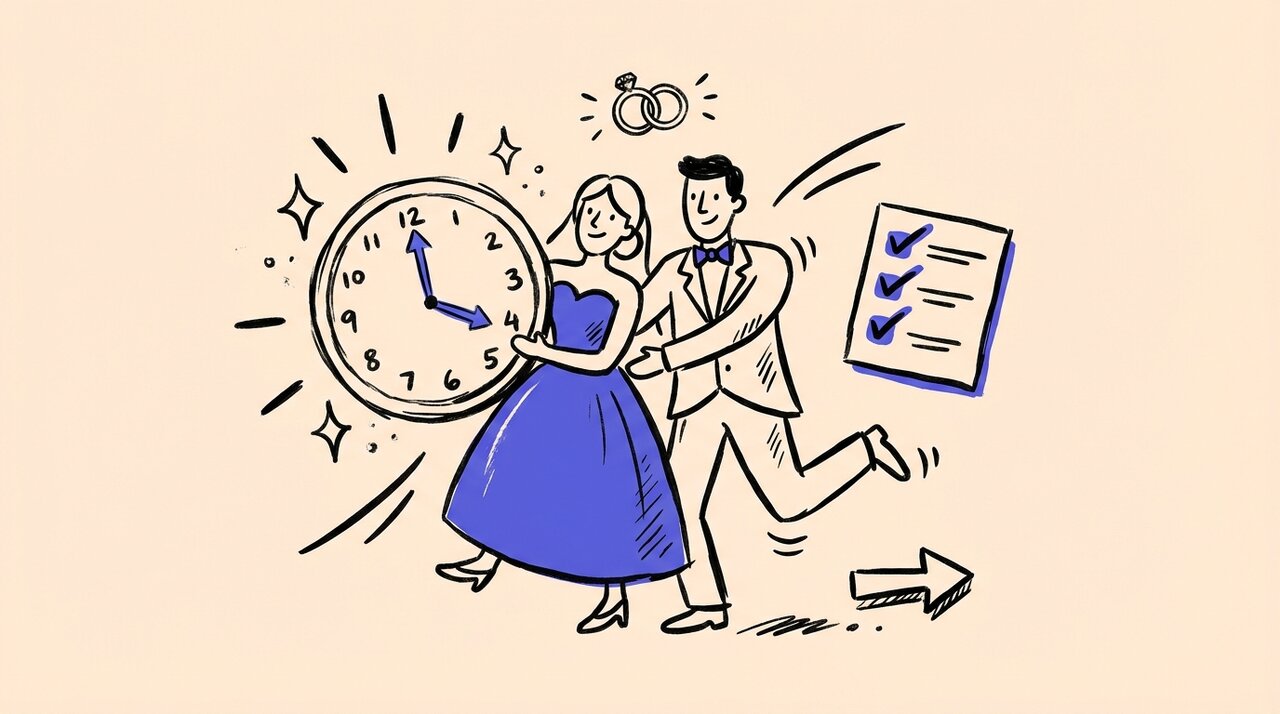 Hand-drawn doodle of a wedding couple holding a large clock with a checklist and rings