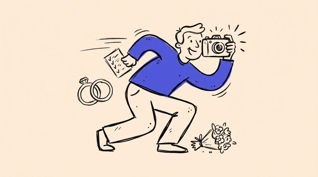 Hand-drawn doodle of a figure holding a camera and checklist with wedding rings and a bouquet