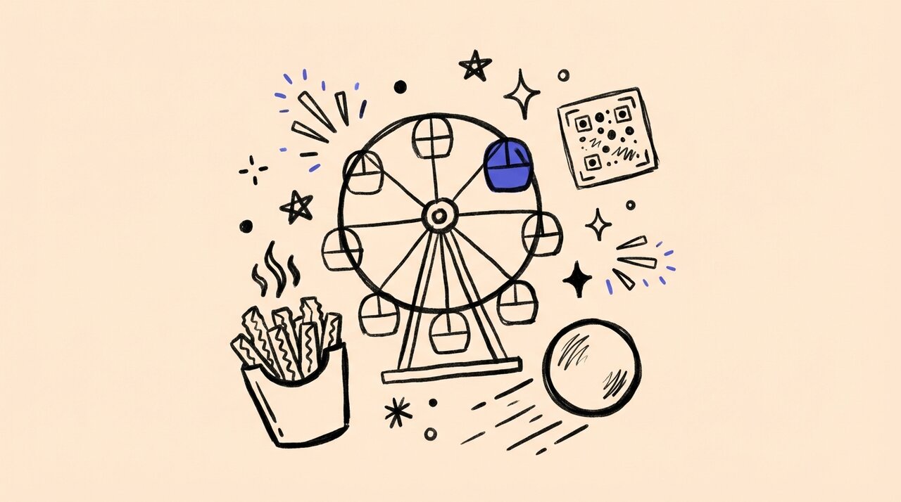 Hand-drawn doodle of a Ferris wheel, bucket of fries, skee-ball, and QR code with sparkle marks